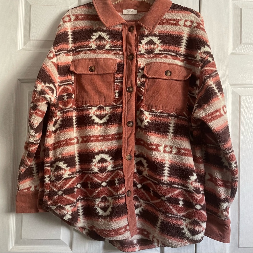 Oddy Women's Pink And Brown Button Down Patterned Western Fleece Size XXL